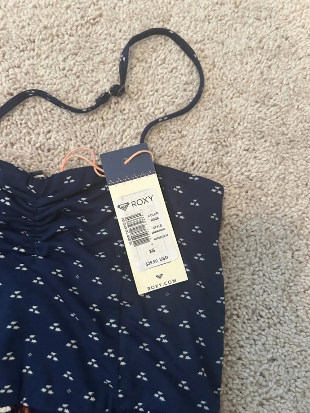 Roxy Navy Strapless Sundress with Small White Pattern “sleep to dream” xs - Picture 2 of 4